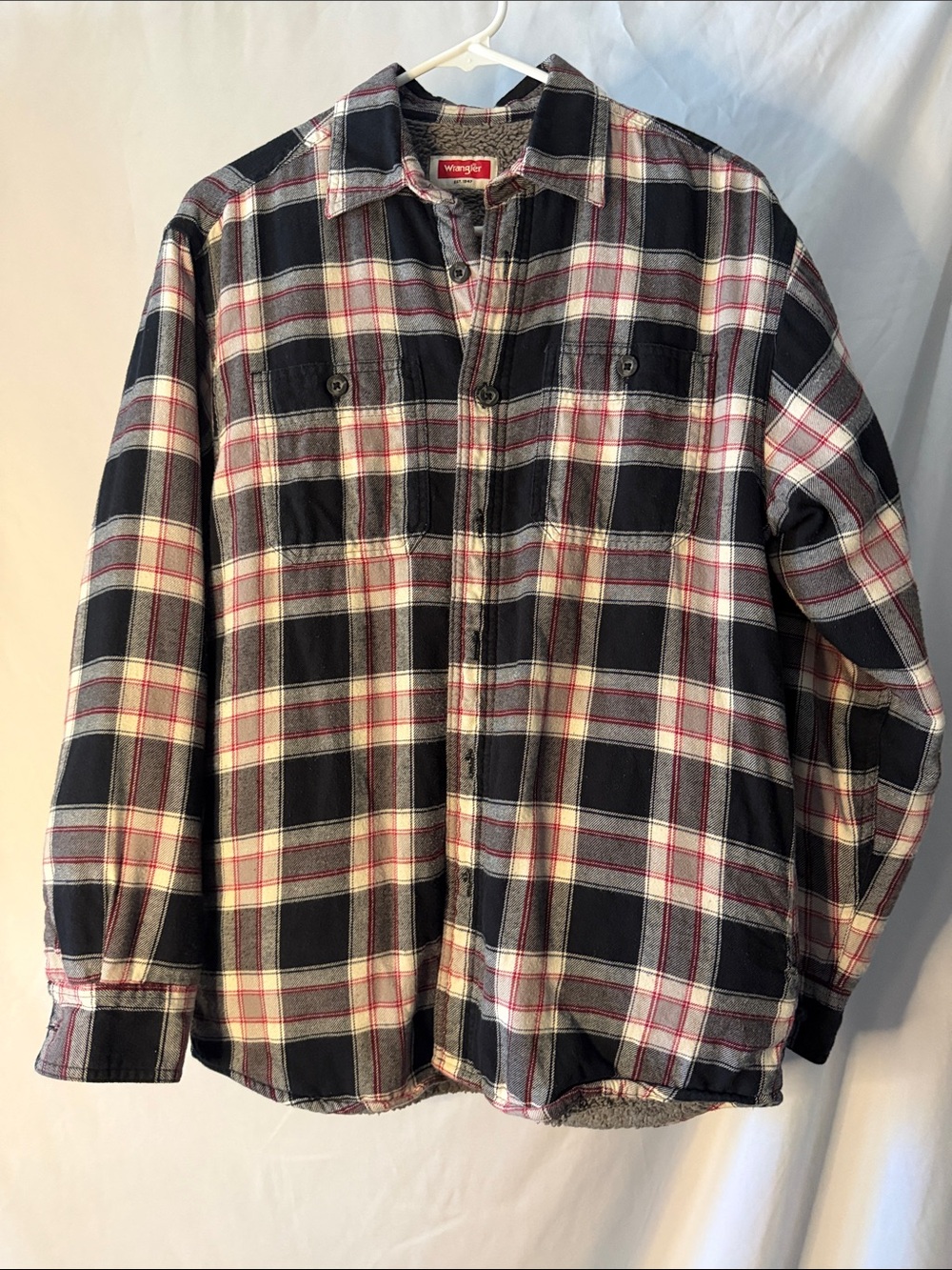 Wrangler Shirt Jacket Mens S Black Cream Red Plaid Good Sherpa Lined Shacket